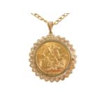 A George V gold sovereign 1913, in a 9ct gold pendant mount, on chain, with bolt ring clasp, 15.2g