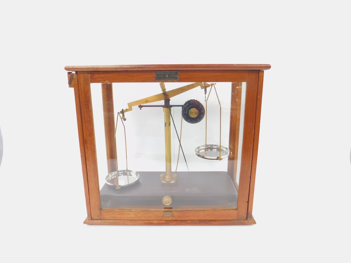 A set of early 20thC Griffin & George Ltd chain driven pharmacy scales, Regd no.830303, brass