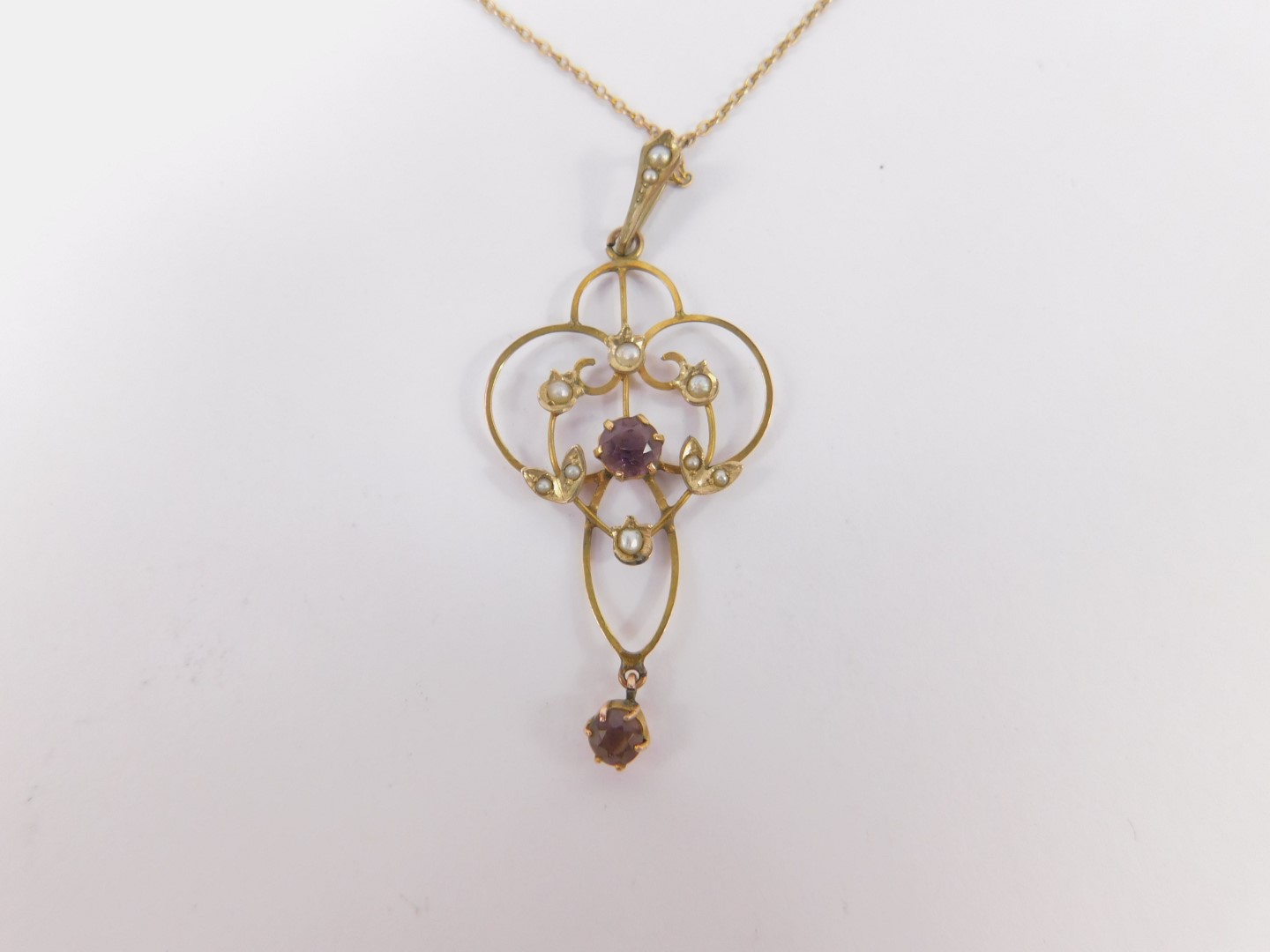 An Art Nouveau 9ct gold amethyst and seed pearl pendant on chain, together with a Victorian - Image 2 of 3