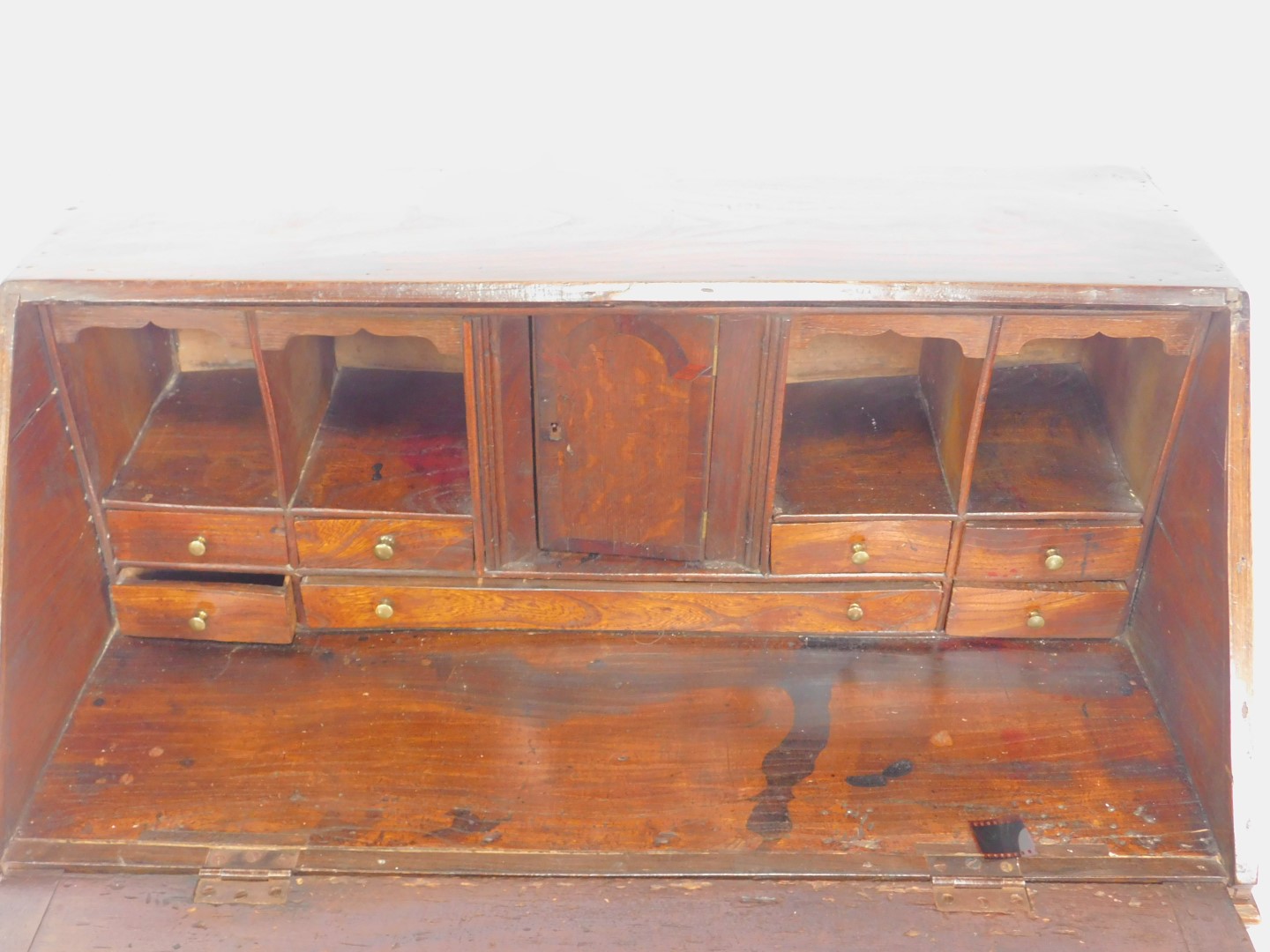 A George II oak bureau on stand, the fall flap opening to reveal an inlaid central door, flanked - Image 3 of 4