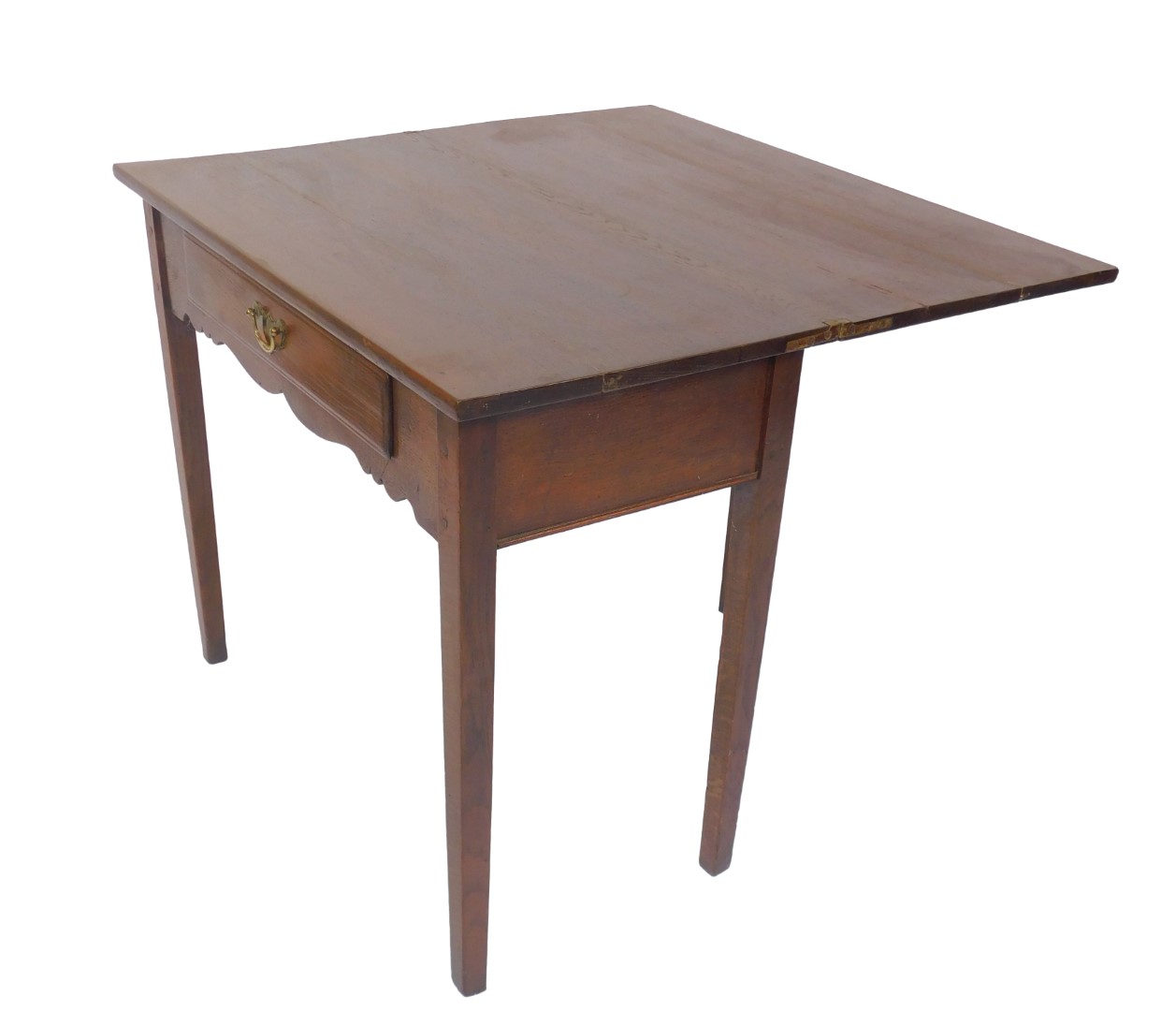 A George III oak fold over tea table, with a single frieze drawer and shaped apron raised on - Image 3 of 4