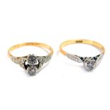 An 18ct gold and diamond two stone ring, illusion set, size O, and a further 18ct gold and diamond