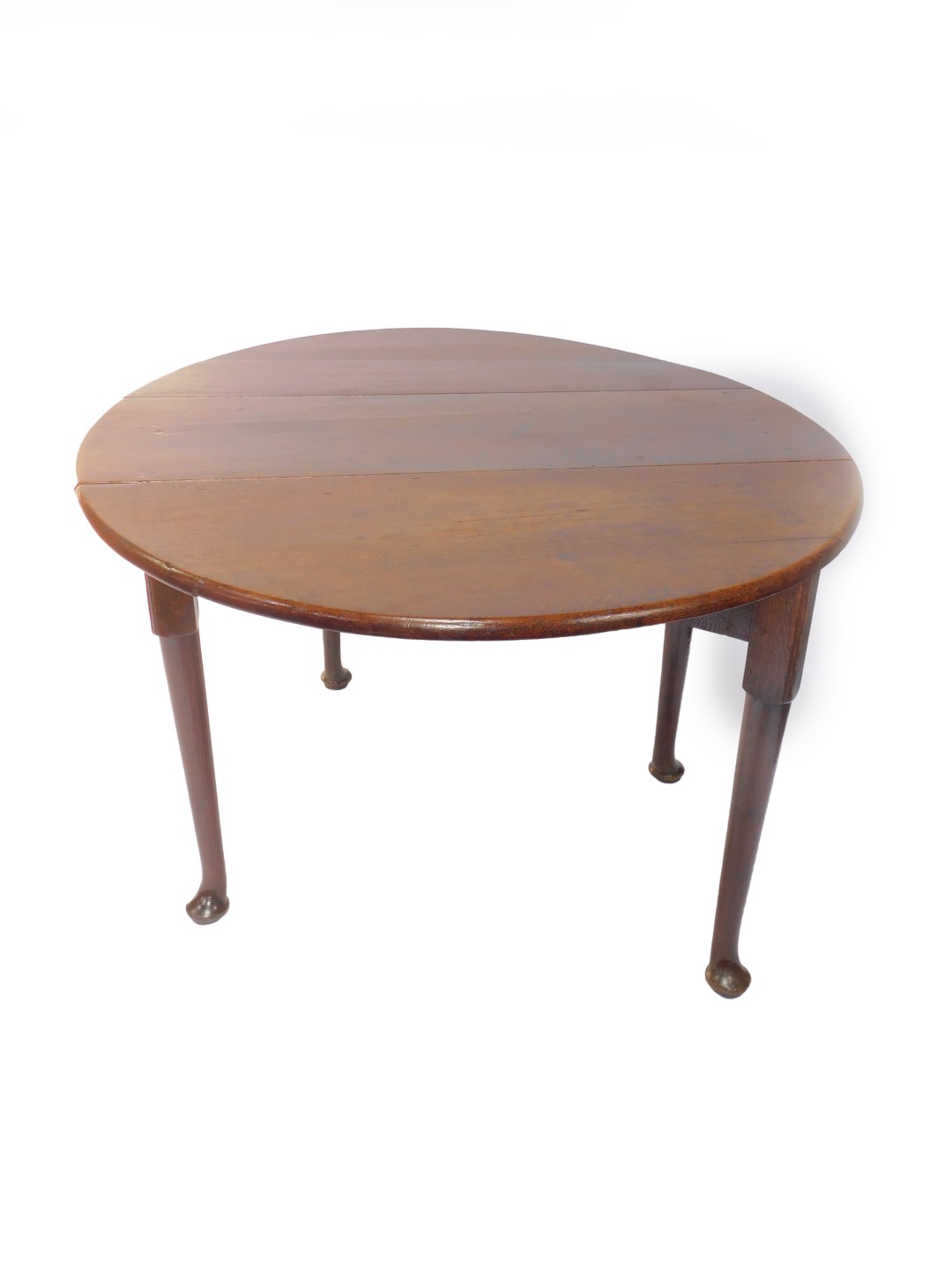 A George III oak drop leaf dining table, raised on turned legs and pad feet, 73cm H, 105cm W, 36cm - Image 2 of 3