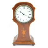 An Edwardian mahogany mantel clock, with a domed enamel Roman numeric dial, 9cm Dia, in an inlaid