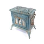 Le Select - A late 19thC / early 20thC French teal enamel log burning stove by Poele a Bois,