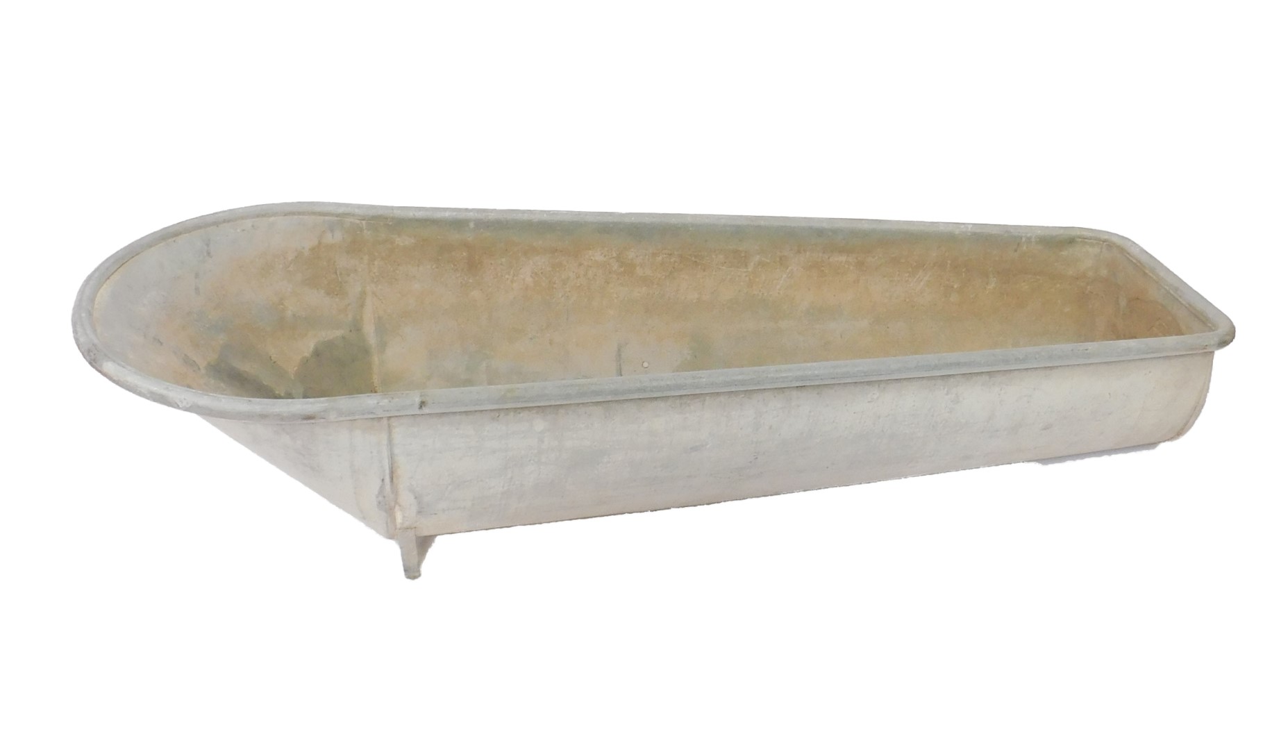 A Constantia retro galvanized coffin shaped roll-top bath, with embossed makers mark CONSTANTIA SA