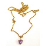 A 9ct gold amethyst and zircon set pendant on a cable link neck chain on a bolt lock ring clasp, 9.