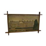 A 19thC wool work picture depicting a French chateau, mounted in an oak Arts & Crafts ecclesiastical