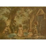 After George Morland (1763-1804). Children playing around a pond, coloured etching, 32.5cm H, 44cm