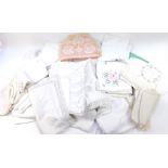 Linen and lace tablecloths, runners, pillow cases, etc. (qty)
