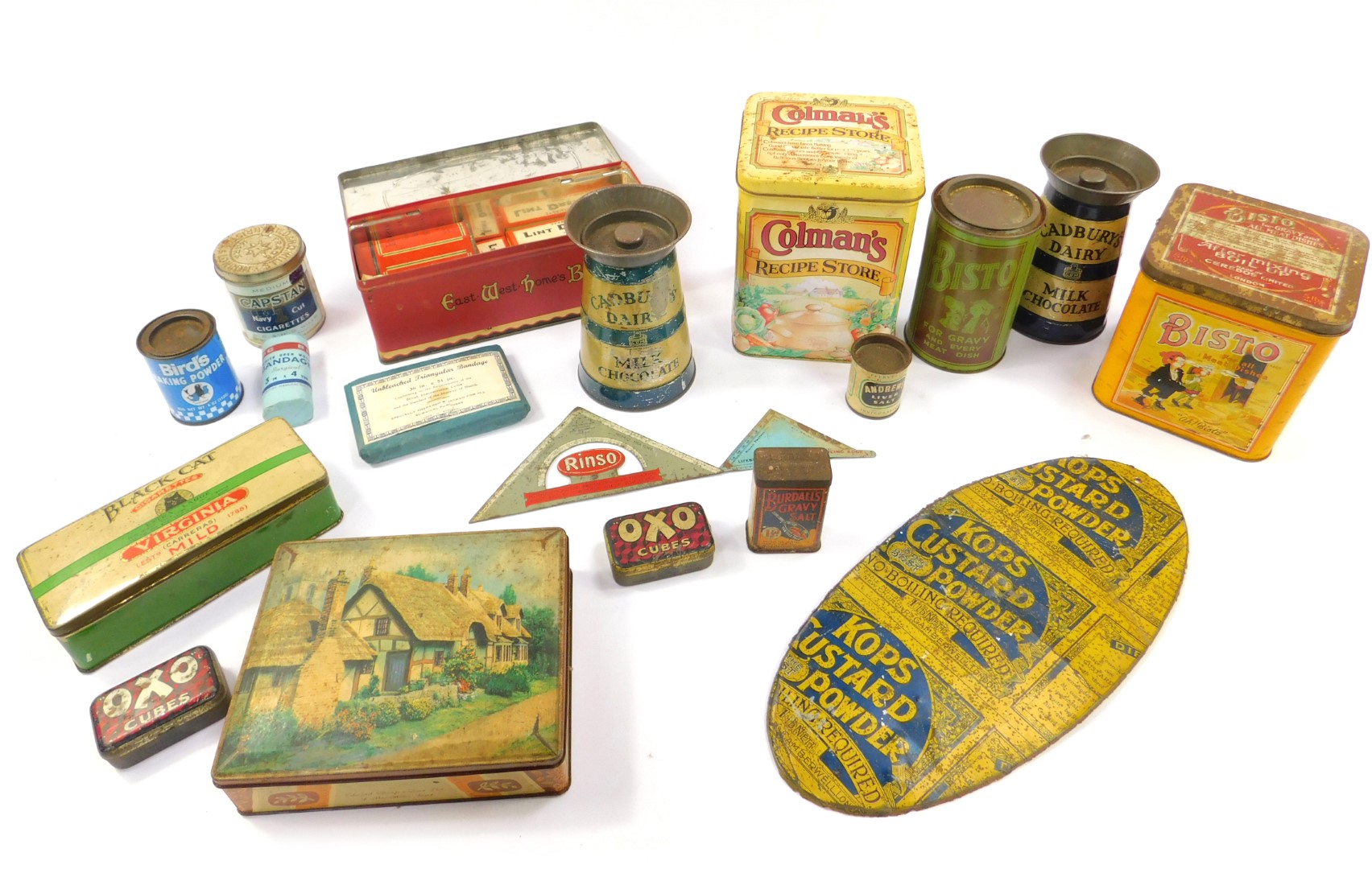 Kitchenalia, advertising tins including Bisto, Colmans Recipe Store, Cadburys Dairy Milk