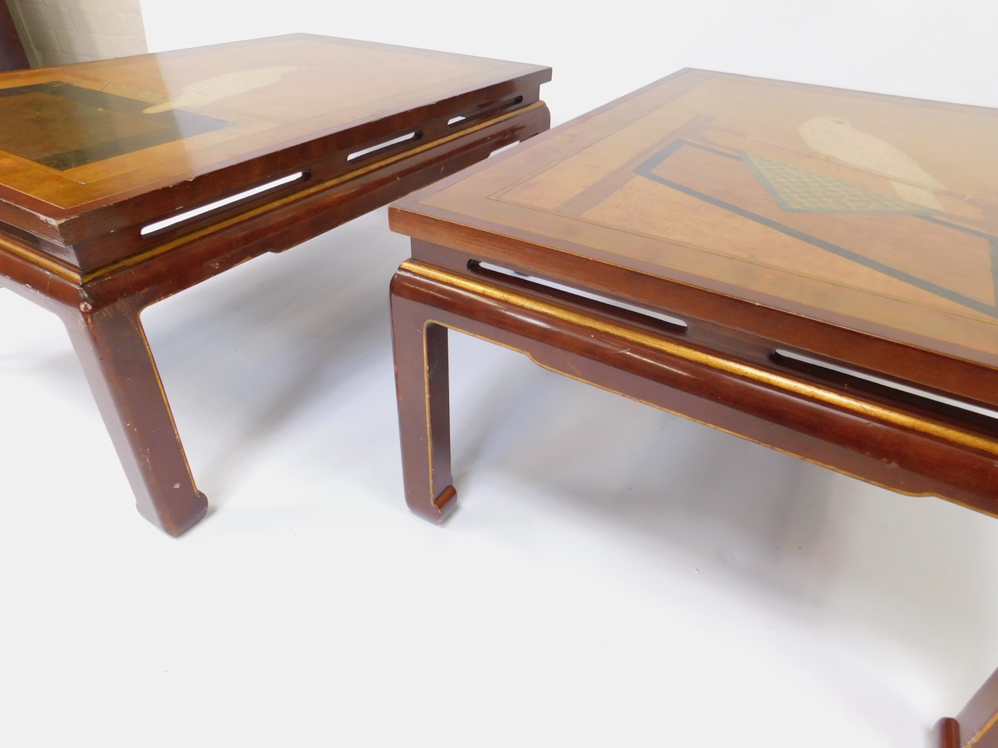 A pair of mid to late 20thC Japonesque tables, each with gilt and lacquer cross banding enclosing - Image 3 of 3