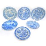 Six early 19thC blue and white plates, transfer decorated, including Spode's decorated in the Bridge