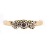 A 9ct gold and diamond three stone ring, approx 0.5cts, size N, 2.2g.