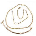 A 9ct gold curb link neck chain, yellow metal jewellery, three bracelets and a long chain, 19.3g.