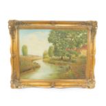 Continental School (20thC). River landscape, oil on canvas, signed indistinctly, 58.5cm H x 78.5cm
