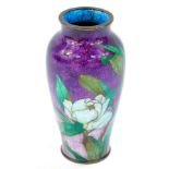 A Japanese silver wire champleve enamel vase, of shouldered tapering form, decorated with peonies