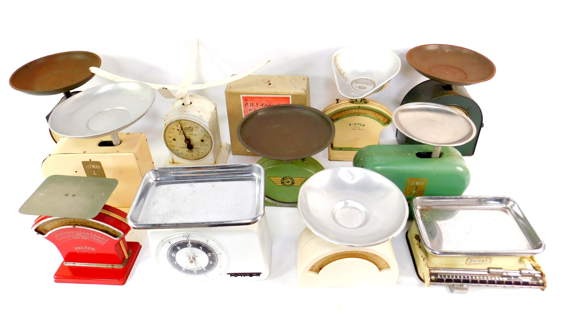 Salter Hughes and other kitchen scales, early to mid 20thC. (12)