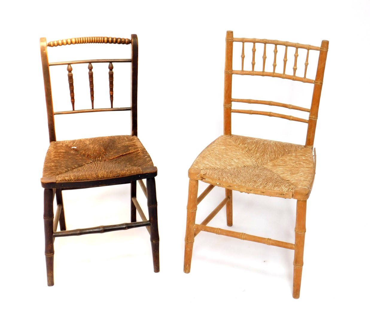A Victorian beech and rush seated Sussex chair, together with a stripped beech and cane seated