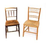 A Victorian beech and rush seated Sussex chair, together with a stripped beech and cane seated