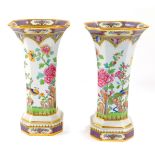 A pair of late 19thC Copeland Spode vases, of octagonal form, decorated with exotic birds and