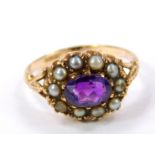 A Victorian style 9ct gold amethyst and seed pearl ring, size N, 2.8g.