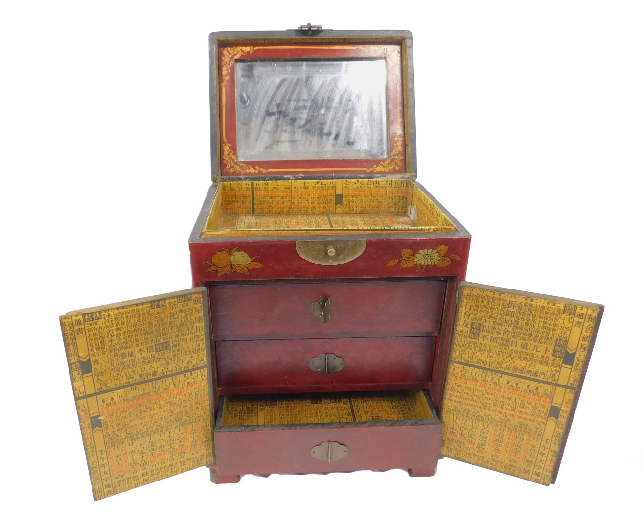 A 20thC Chinese red lacquer table cabinet, decorated with figures at a table, dragons and birds, the - Image 2 of 2