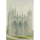 Paul Braddon (1864-1938). Peterborough Cathedral West Front, watercolour, signed, 51cm H x 34cm W.