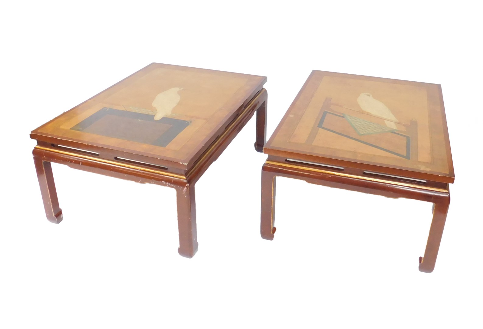 A pair of mid to late 20thC Japonesque tables, each with gilt and lacquer cross banding enclosing