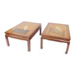 A pair of mid to late 20thC Japonesque tables, each with gilt and lacquer cross banding enclosing