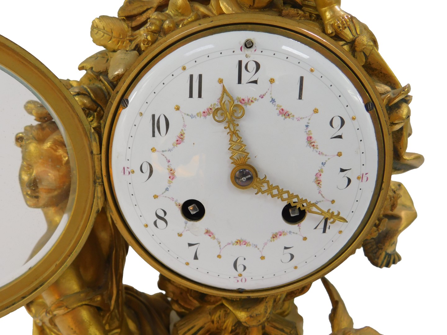 A late 19thC French ormolu and marble mantel clock by Marti & Cie, circular enamel dial painted with - Image 3 of 6