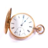 A 14ct gold gentleman's hunter pocket watch, circular enamel dial bearing Roman numerals, subsidiary