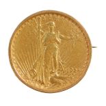 A Saint-Gaudens Double Eagle Twenty Dollar gold coin 1924, in an unmarked gold brooch mount, 38.2g.
