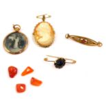 A 9ct gold and scarab beetle bar brooch, 9ct gold and shell cameo brooch, bust portrait of a lady,