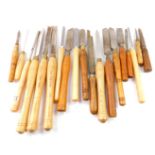 A group of wooden turning chisels, with turned wood handles. (qty)