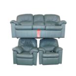 A G-Plan sea green leather three piece suite, comprising three seater sofa and pair of armchairs,