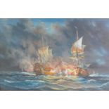 J Harvey (British, late 20thC). 17thC Warships engaging in combat, in choppy seas, oil on canvas,