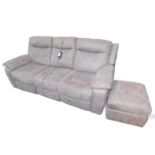 A light brown suede two section three seater electric recliner sofa, 210cm W, together with a square
