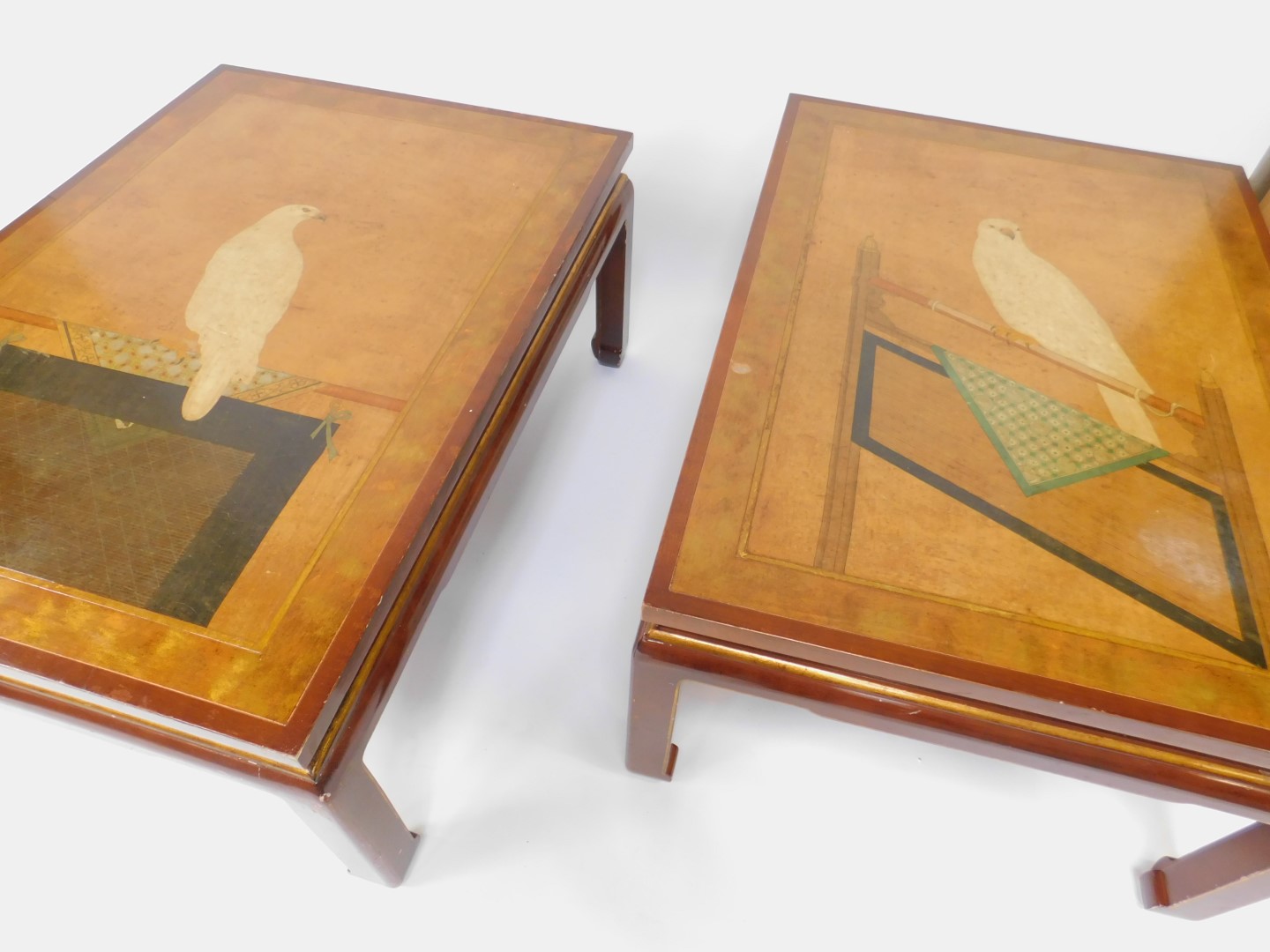 A pair of mid to late 20thC Japonesque tables, each with gilt and lacquer cross banding enclosing - Image 2 of 3