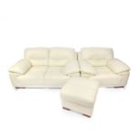 A cream leather two seater sofa, 171cm W, 90cm D., together with an armchair and a pouffe. (3)