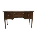 A mahogany serpentine sideboard, with plain top, frieze drawer over apron, enclosed by cupboard to