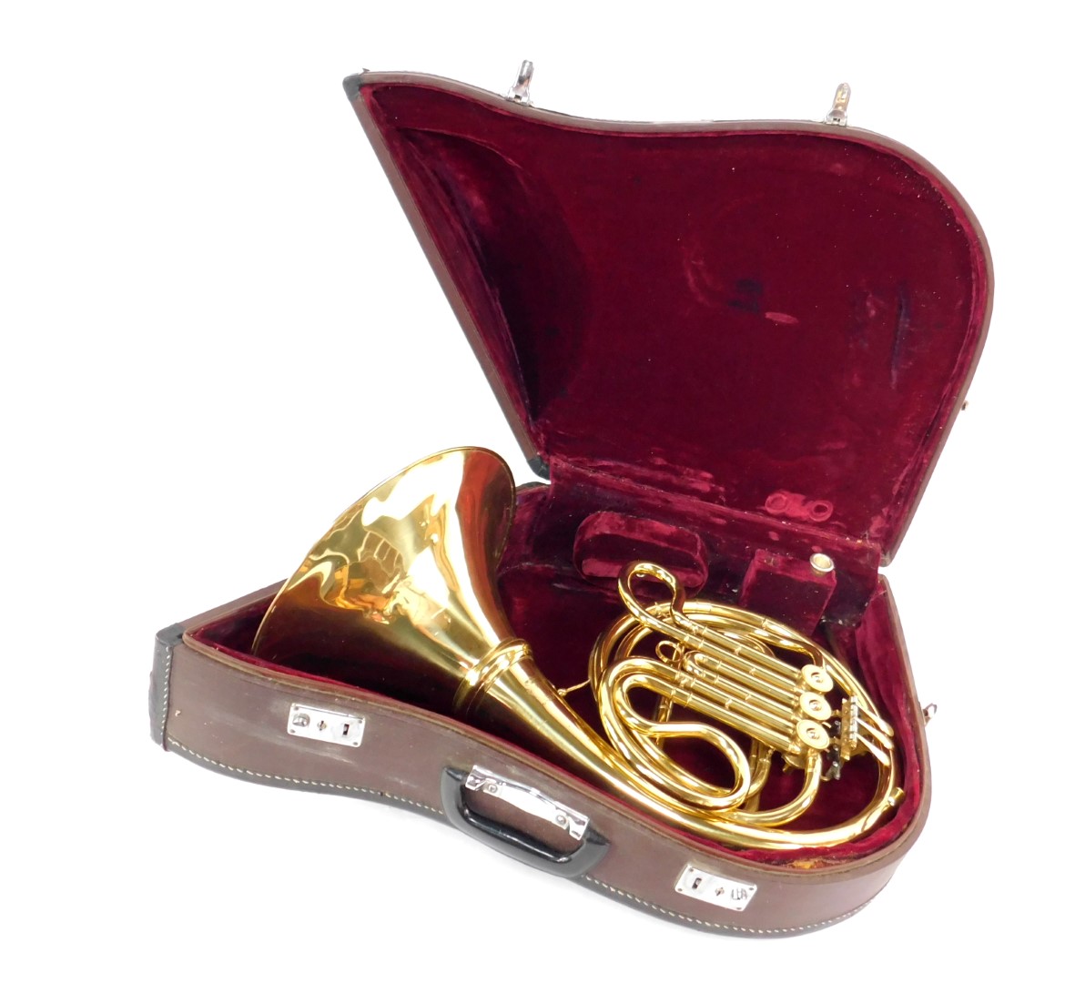 A Parrot brass French horn, cased.