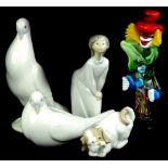 A Murano glass model of a clown, a Lladro porcelain girl, Nao dog and two Nao birds (5).