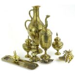 Various Eastern brassware, pen stand, 29cm W, heavily chased, kettle with serpent spout, lidded