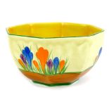 A Clarice Cliff crocus pattern octagonal bowl, decorated with flowers within green borders,