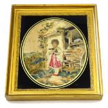 An early to mid 19thC raised wool work and silk picture, depicting a young girl beside a barn with a