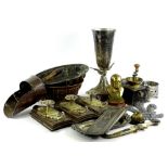 Miscellaneous metalware, to include bust of Winston Churchill, Toleware coffee grinder, silver