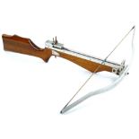 A mahogany and aluminum crossbow.