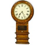A late 19thC American walnut and parquetry drop dial wall clock, the later dial with Roman numerals,