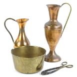 Various metalware, brass jam pan, 23cm W, 20thC copper ewer etc. (a quantity)